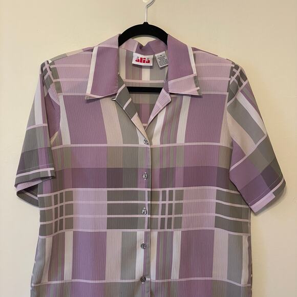 80s Vintage Aria 10 short sleeve button down blouse pink pastel geometric AOP - Picture 2 of 7